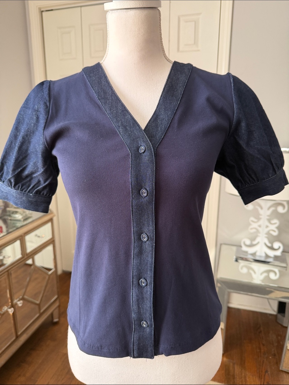Industry Republic Clothing Navy V-Neck Button Front Denim Sleeves & Ribbed Body